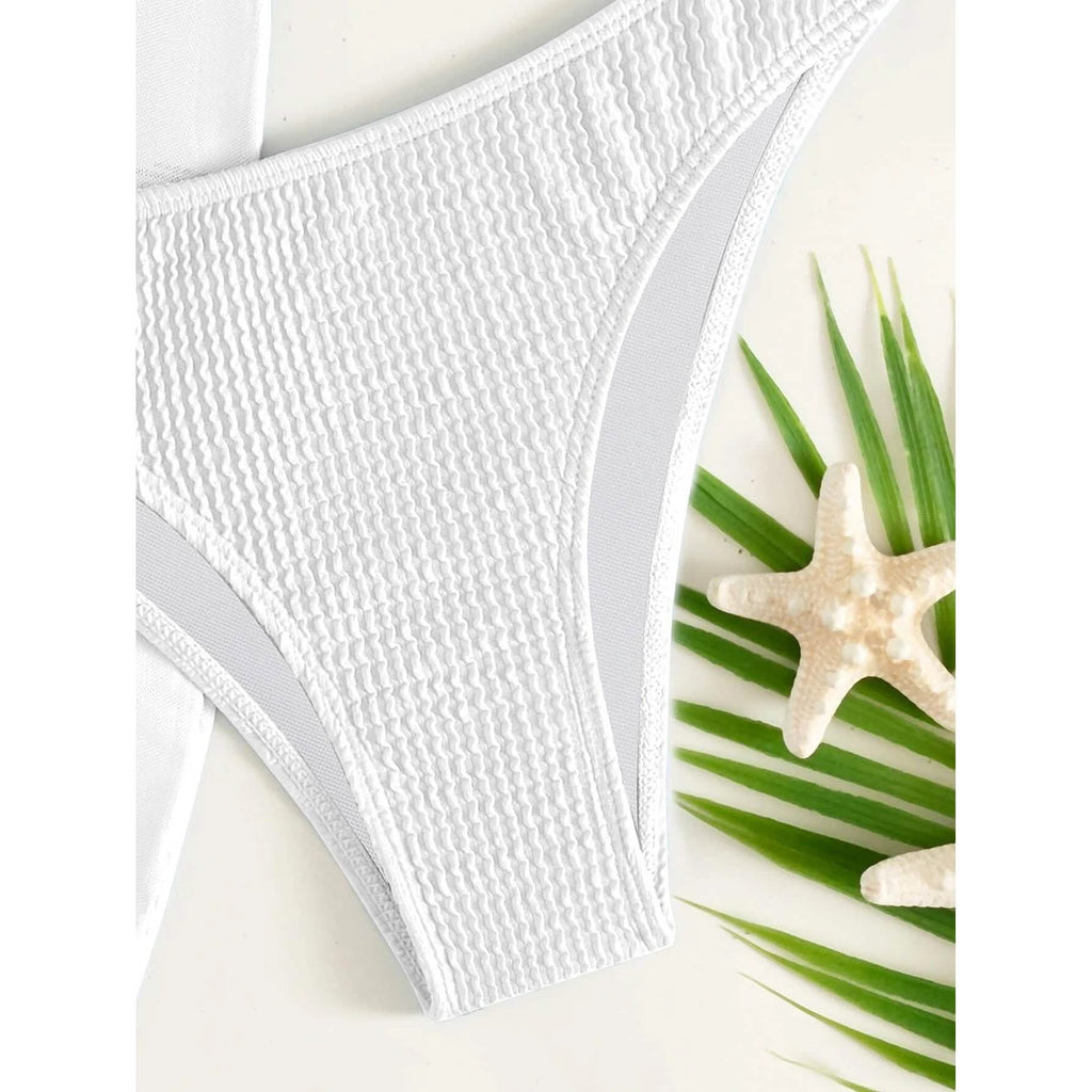 3-Pack: Textured Ring Linked Halter Bikini Swimsuit & Beach Skirt