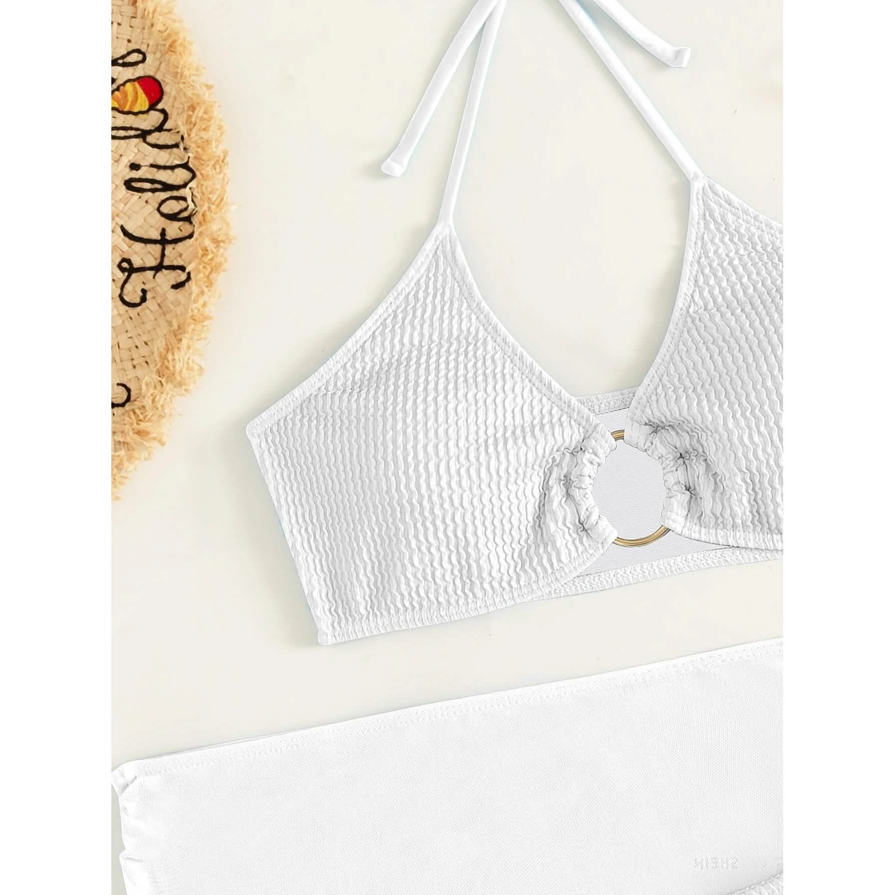 3-Pack: Textured Ring Linked Halter Bikini Swimsuit & Beach Skirt