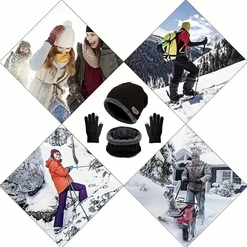 3-Piece Set: Black Knit Hats Warm Beanies Winter Neck Gaiter Elastic Gloves