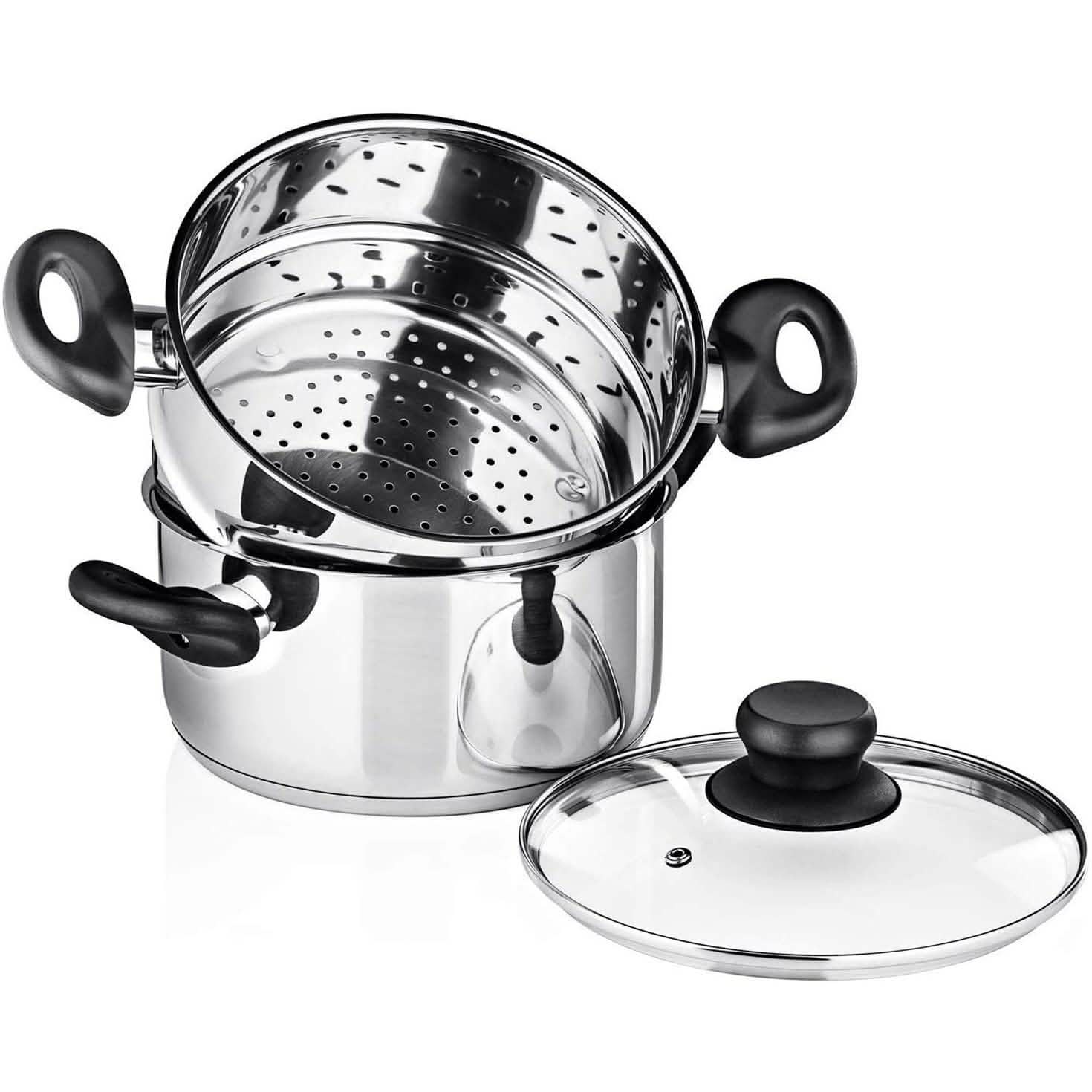 Ensemble 3 pièces : batterie de cuisine Chef's Star en acier inoxydable, panier vapeur de 2 pintes
