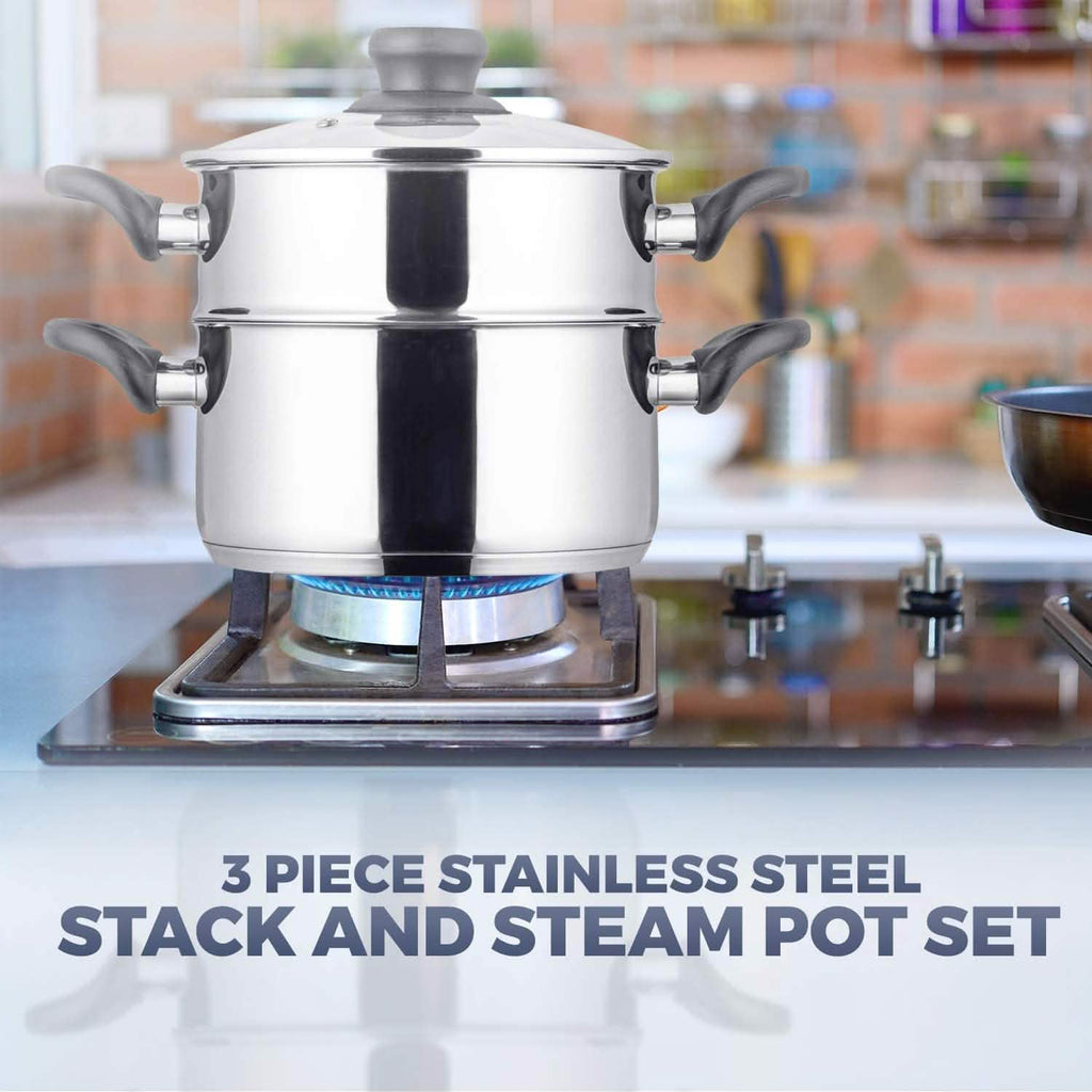 Ensemble 3 pièces : batterie de cuisine Chef's Star en acier inoxydable, panier vapeur de 2 pintes