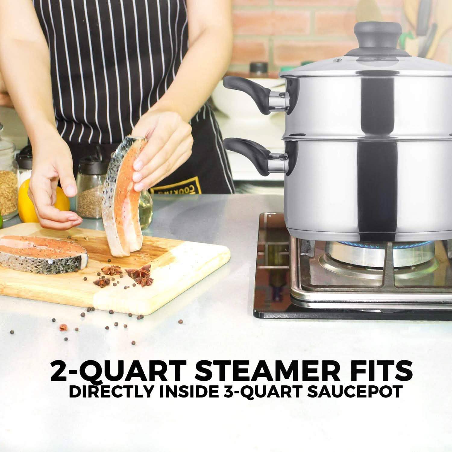 Ensemble 3 pièces : batterie de cuisine Chef's Star en acier inoxydable, panier vapeur de 2 pintes