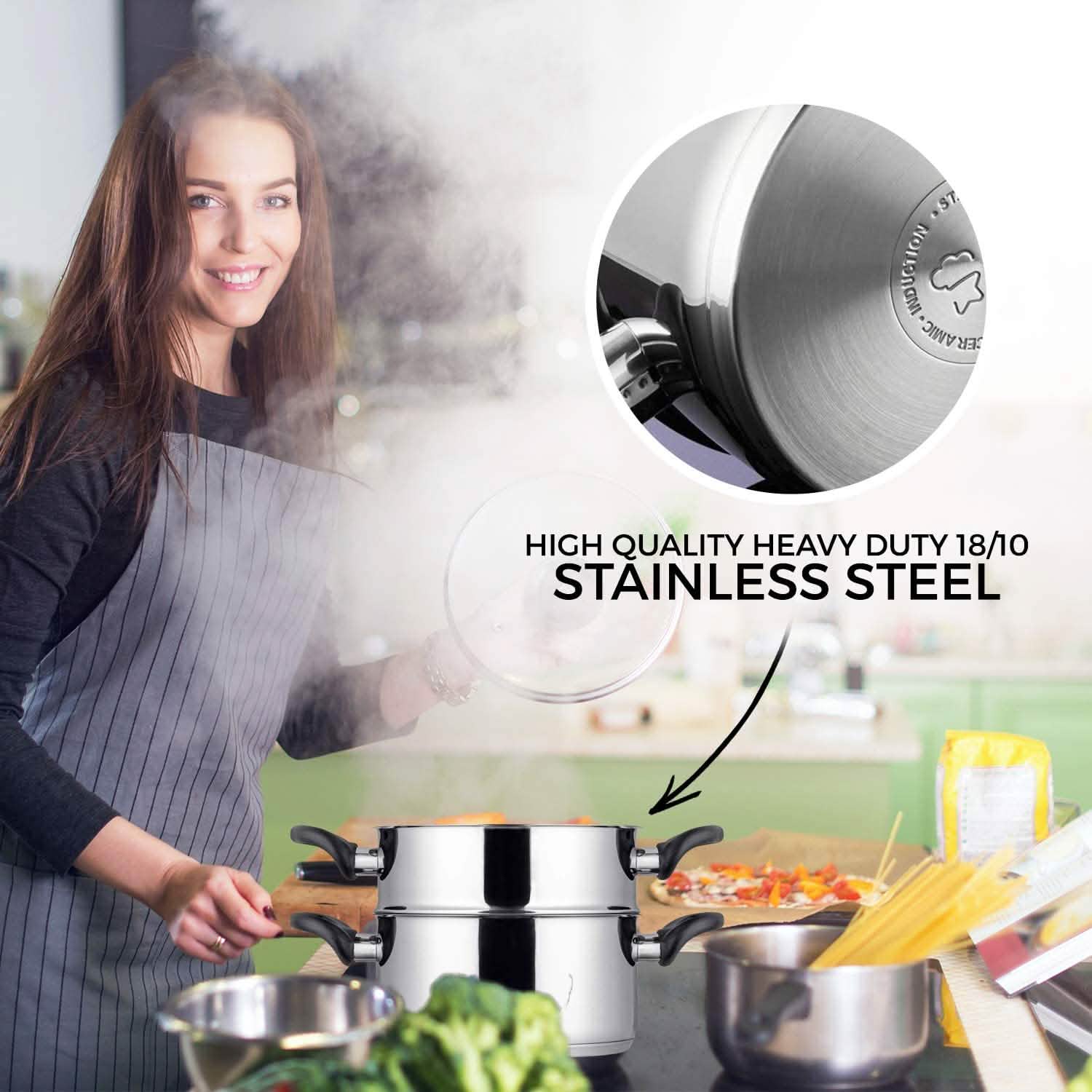 Ensemble 3 pièces : batterie de cuisine Chef's Star en acier inoxydable, panier vapeur de 2 pintes