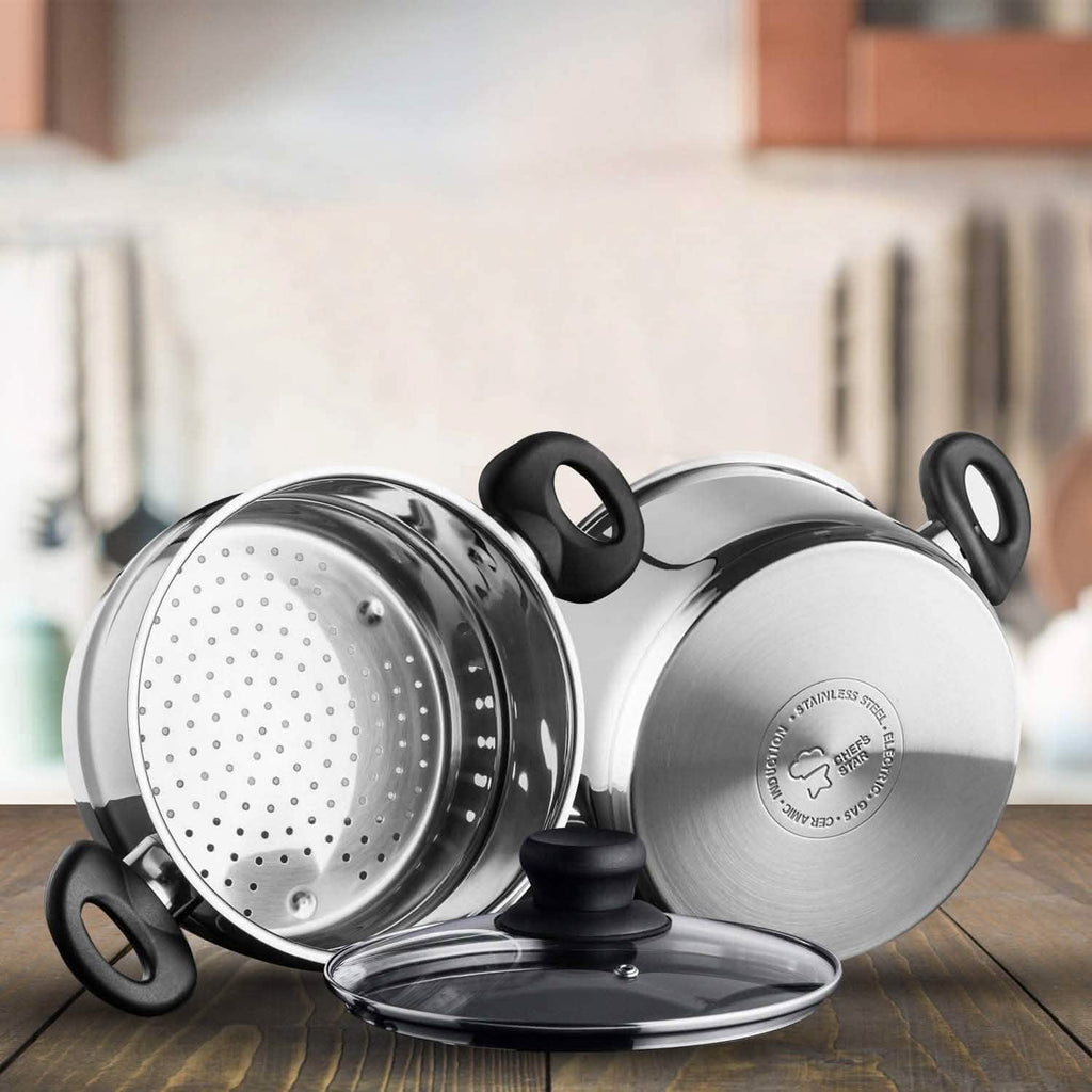 Ensemble 3 pièces : batterie de cuisine Chef's Star en acier inoxydable, panier vapeur de 2 pintes