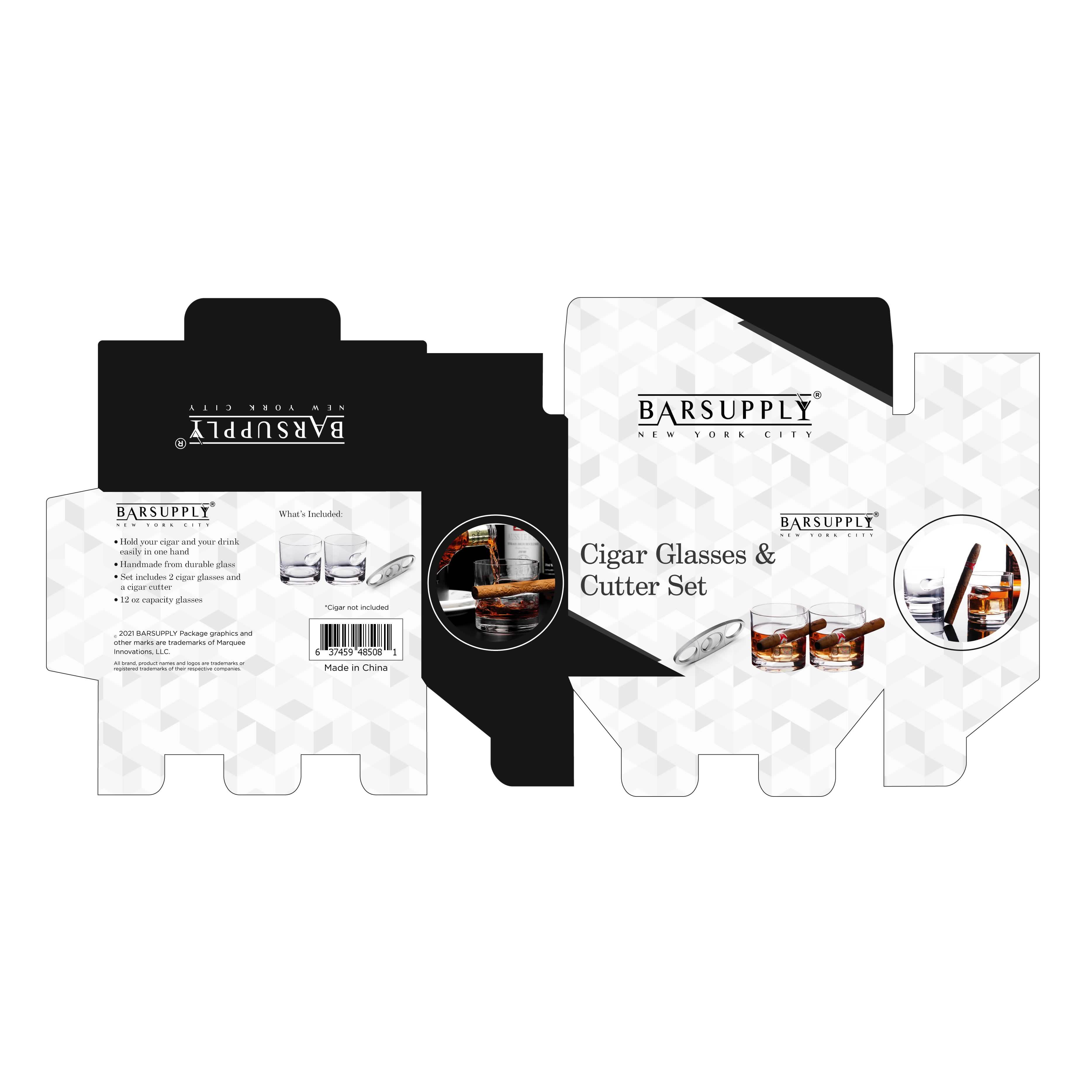3-Piece Set: Cigar-Holding Whiskey Glasses with Cigar Cutter