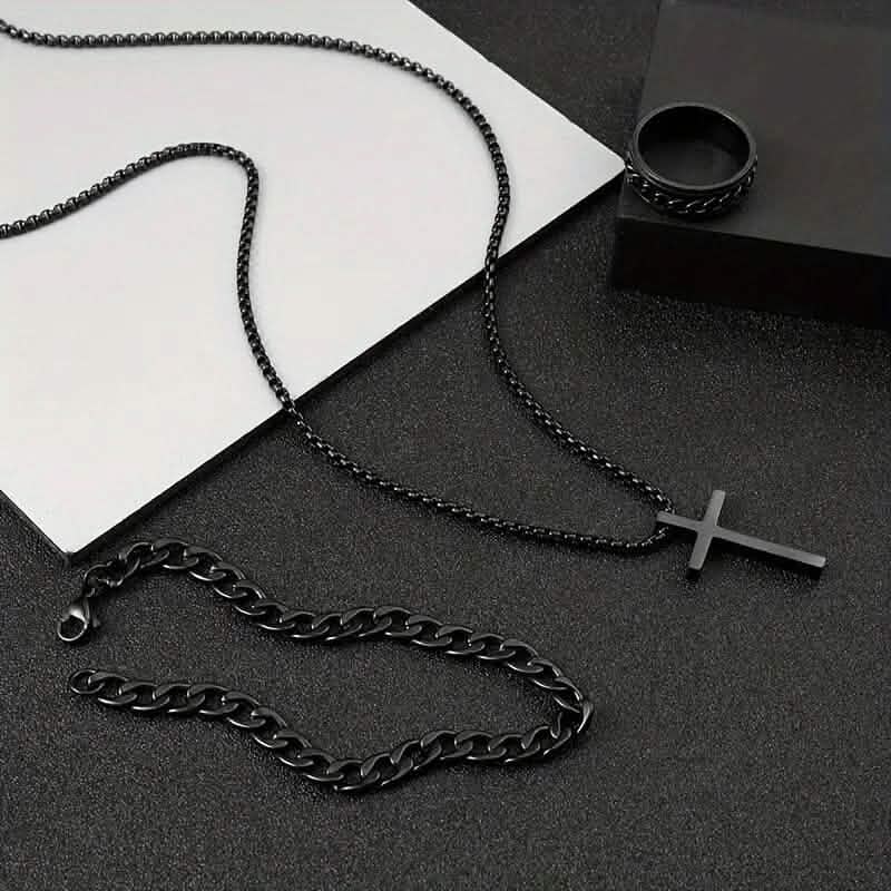 3-Piece Set: Fashion Versatile Dark Cross Stainless Steel Jewelry