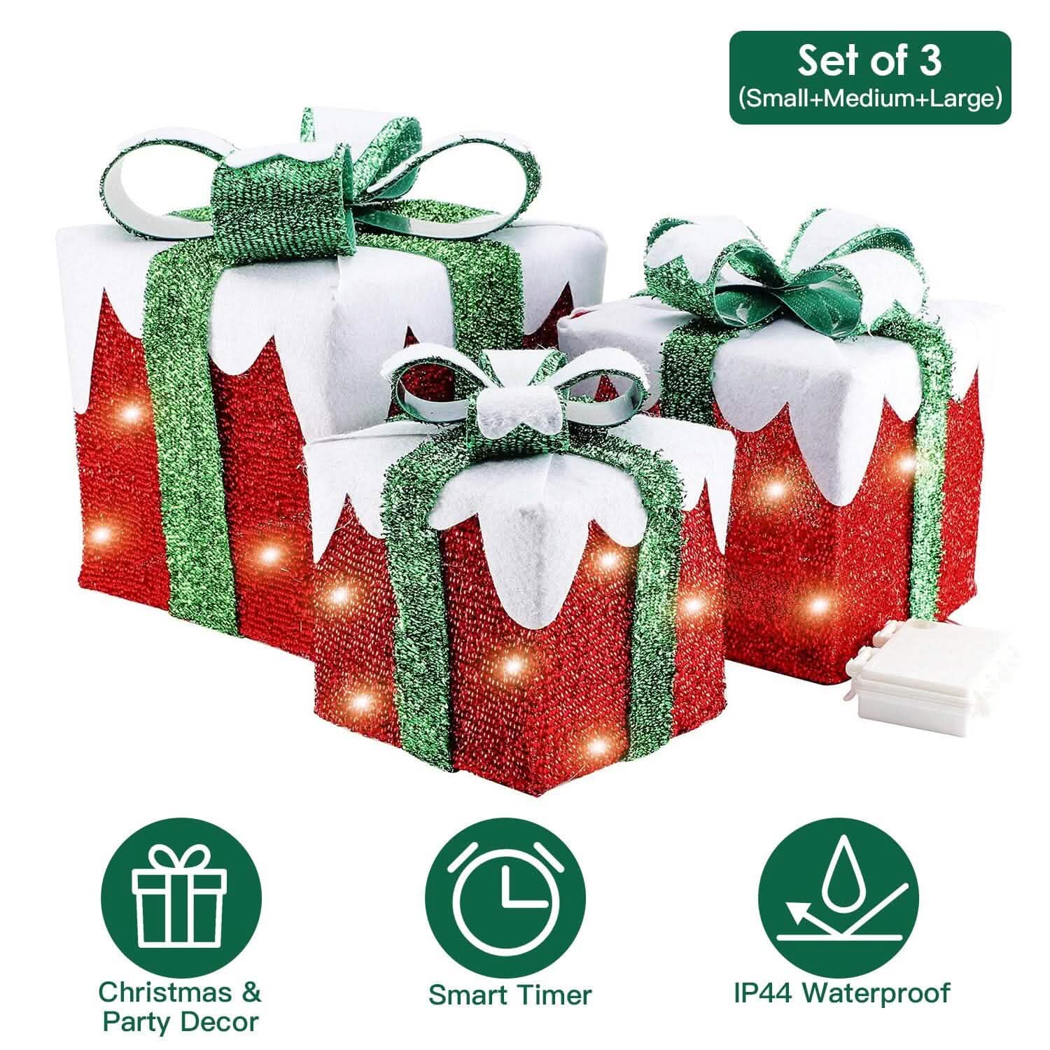 3-Piece Set: Lighted Gift Boxes Christmas Decoration IP44 with 3 Bows Timer 60 LED