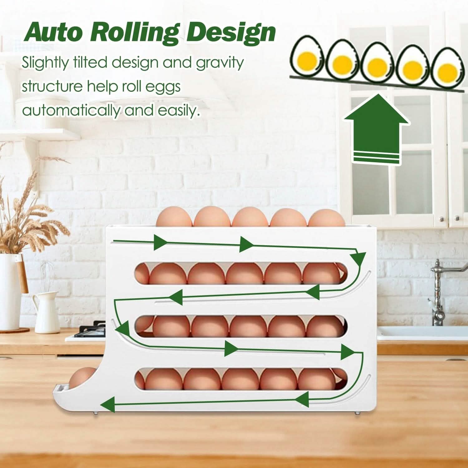 3-Pieces: 4-Tiers Egg Holder Auto Rolling Fridge Egg Organizer
