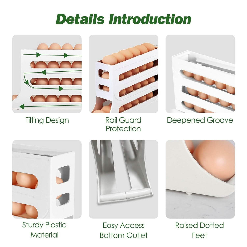 3-Pieces: 4-Tiers Egg Holder Auto Rolling Fridge Egg Organizer