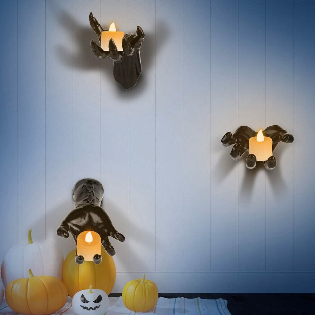 Lot de 3 : Mains macabres avec bougies lumineuses murales
