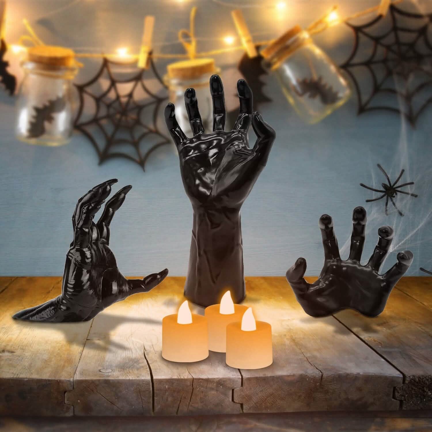 Lot de 3 : Mains macabres avec bougies lumineuses murales
