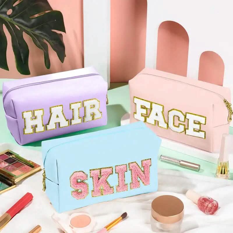 3 Pièces : Trousse de Maquillage Preppy en Cuir PU Imperméable et Chenille