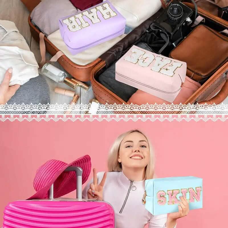 3 Pièces : Trousse de Maquillage Preppy en Cuir PU Imperméable et Chenille