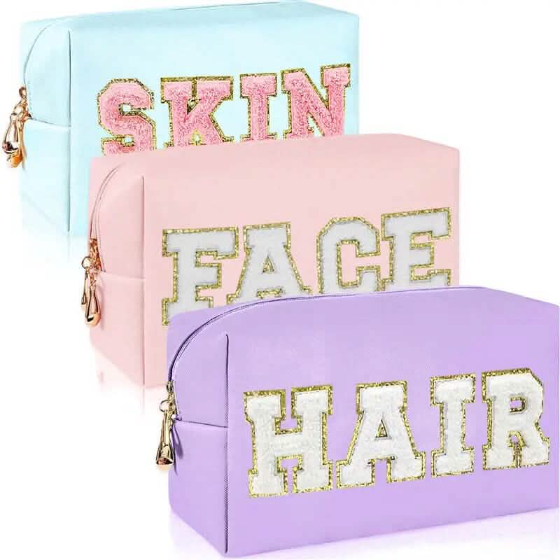 3 Pièces : Trousse de Maquillage Preppy en Cuir PU Imperméable et Chenille