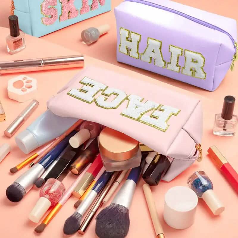 3 Pièces : Trousse de Maquillage Preppy en Cuir PU Imperméable et Chenille