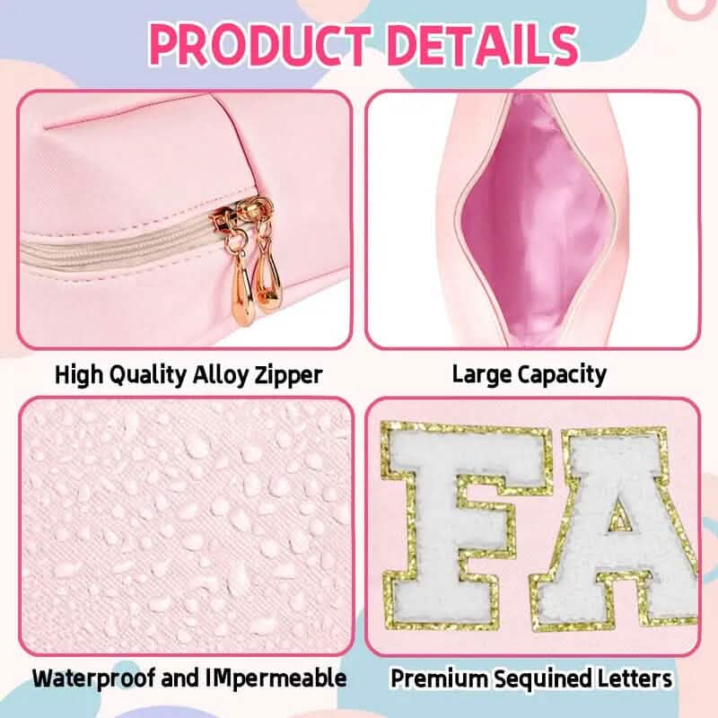 3 Pièces : Trousse de Maquillage Preppy en Cuir PU Imperméable et Chenille
