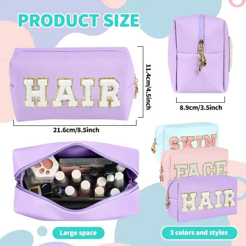 3 Pièces : Trousse de Maquillage Preppy en Cuir PU Imperméable et Chenille