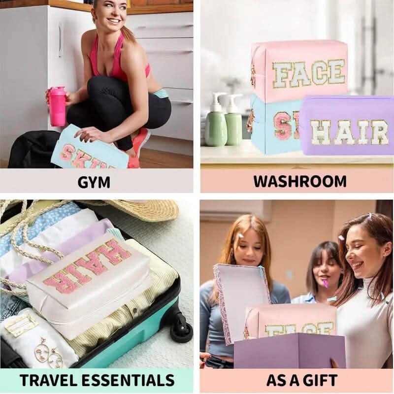 3 Pièces : Trousse de Maquillage Preppy en Cuir PU Imperméable et Chenille
