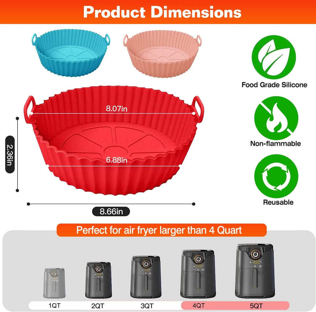 3-Pieces: Reusable Foldable Air Fryer Silicone Pot for 4+ Quart Air Fryer Oven