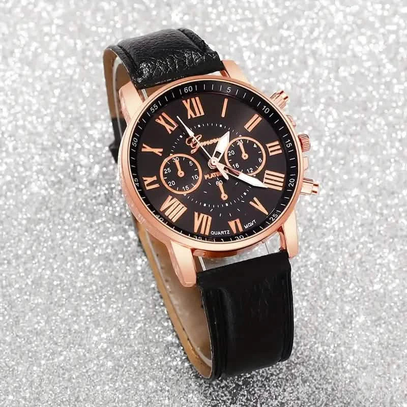 3-Pieces: Roman Quartz Women's Watches - Fashionable Round Dial with Faux Leather Strap