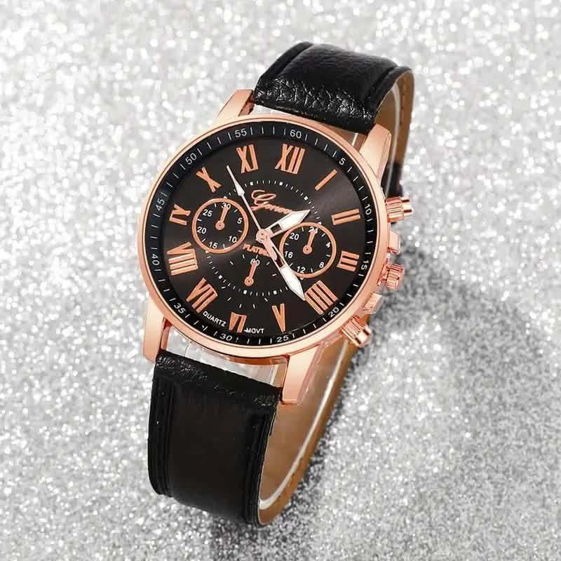 3-Pieces: Roman Quartz Women's Watches - Fashionable Round Dial with Faux Leather Strap