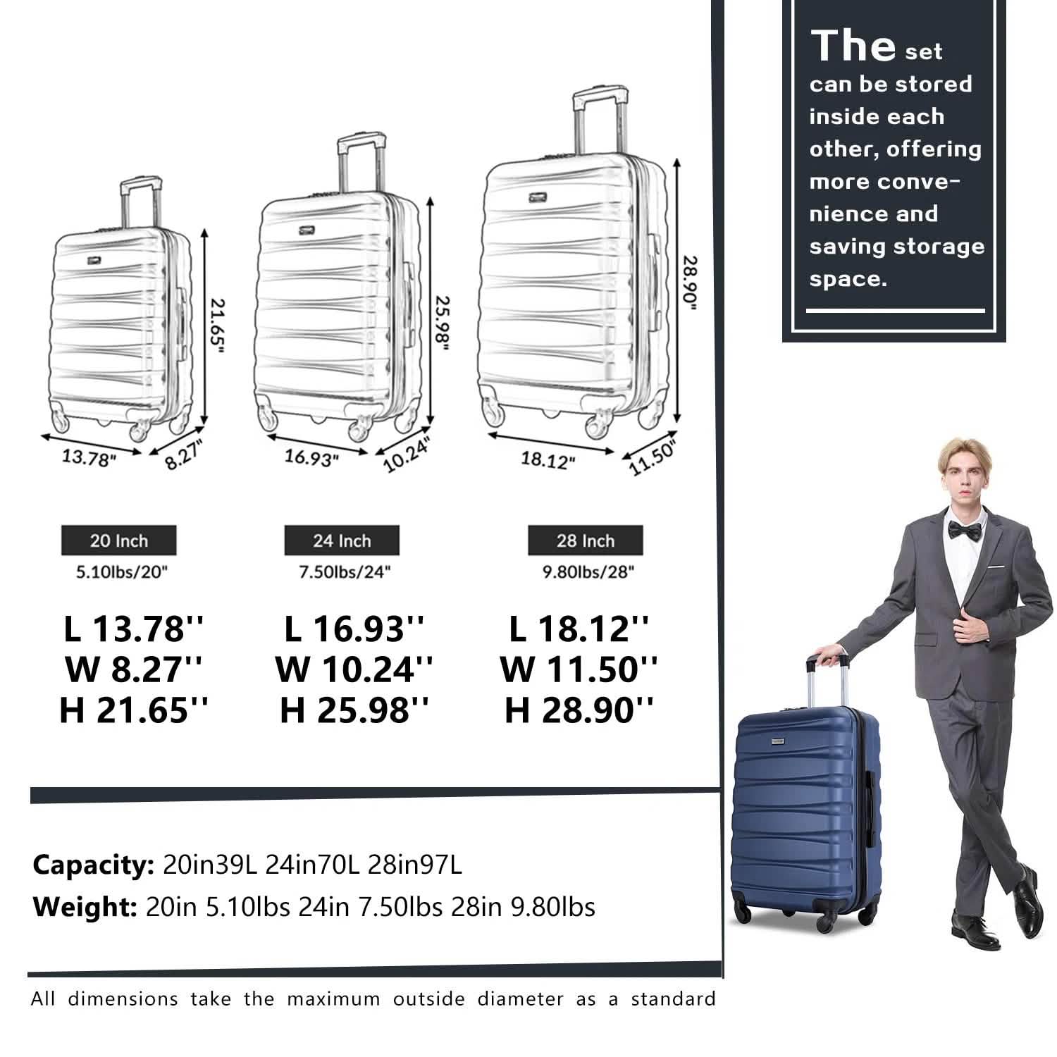 Ensemble 3 pièces : Valises extensibles légères en ABS