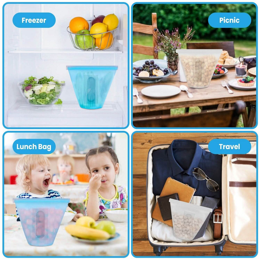 3-Pieces: Silicone Food Storage Bags Reusable Leakproof Food Container Set with 3 Seals