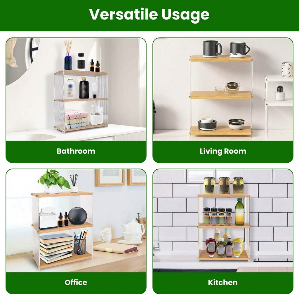 3-Tier: Acrylic Countertop Organizer Bathroom Wood Counter Storage