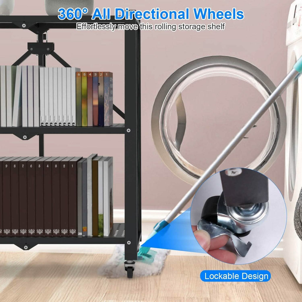 3-Tier Foldable Storage Shelf with Lockable Wheels No Assembly