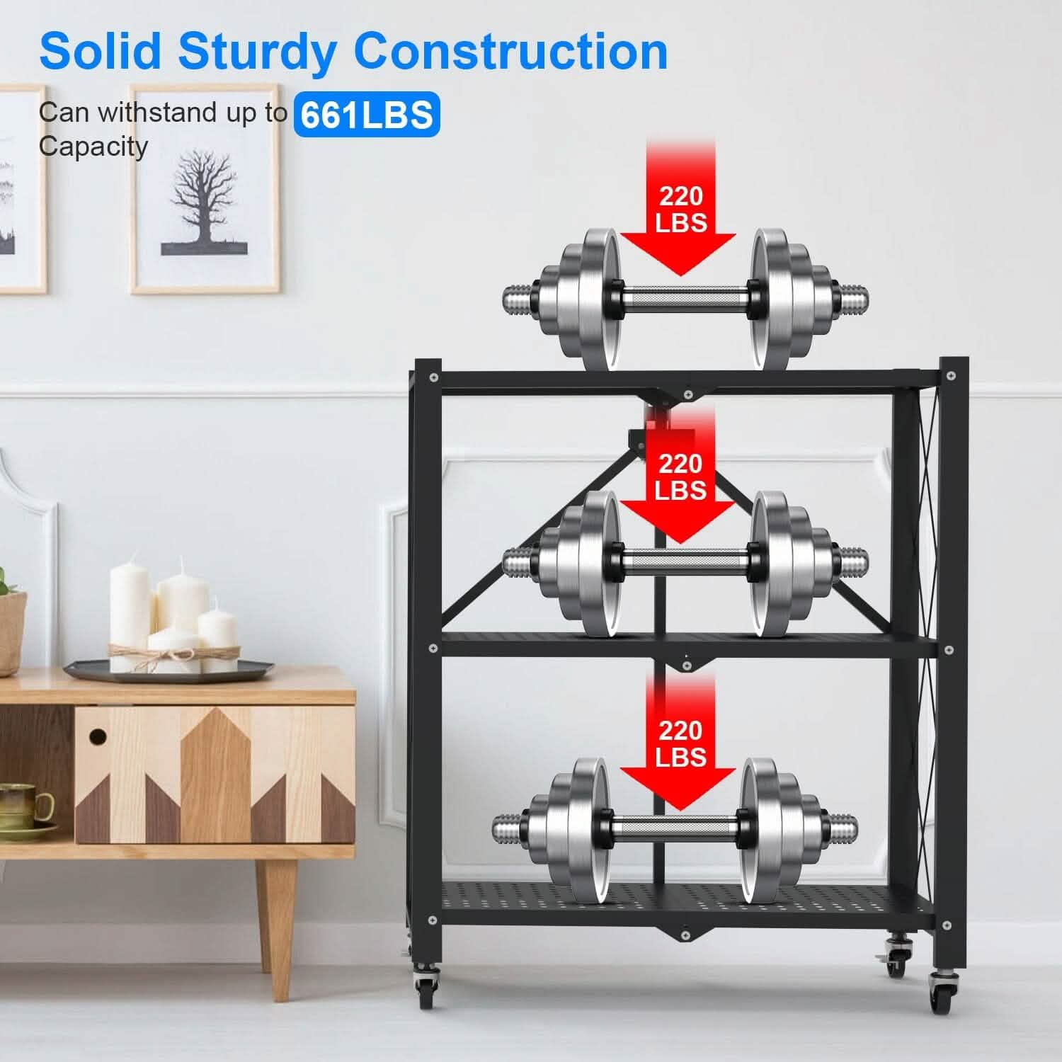3-Tier Foldable Storage Shelf with Lockable Wheels No Assembly