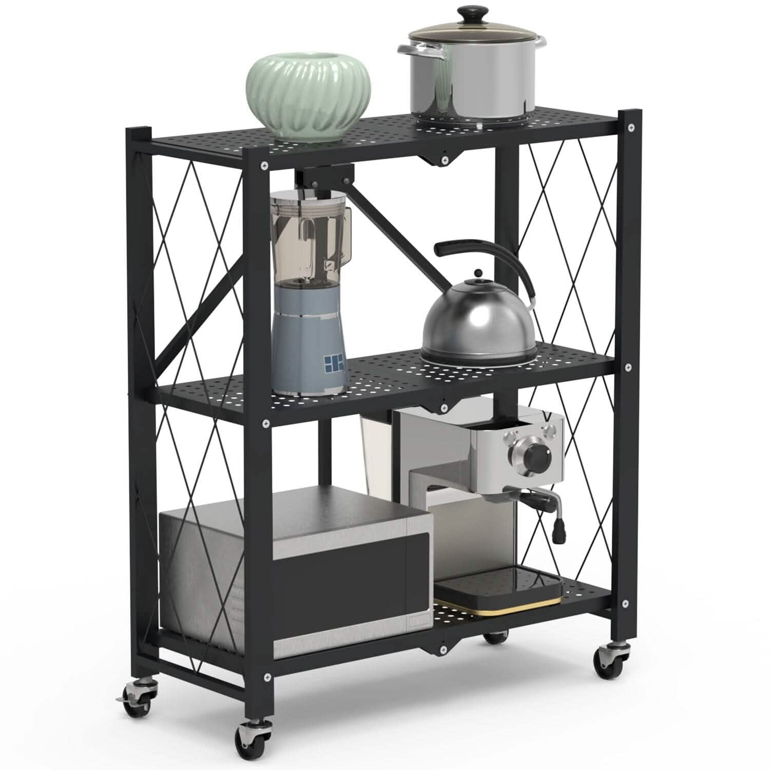 3-Tier Foldable Storage Shelf with Lockable Wheels No Assembly