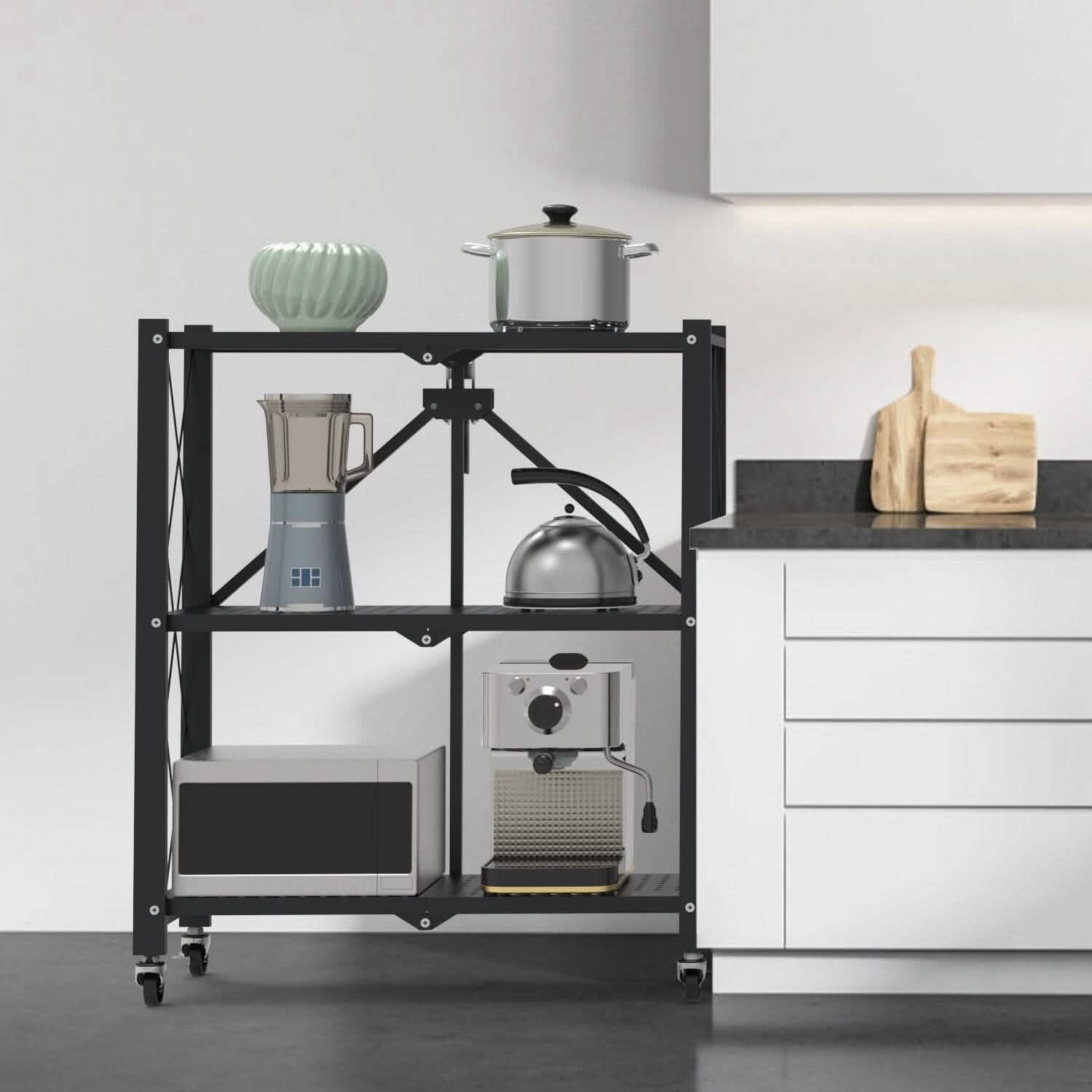 3-Tier Foldable Storage Shelf with Lockable Wheels No Assembly