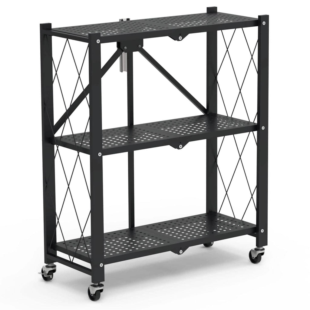 3-Tier Foldable Storage Shelf with Lockable Wheels No Assembly