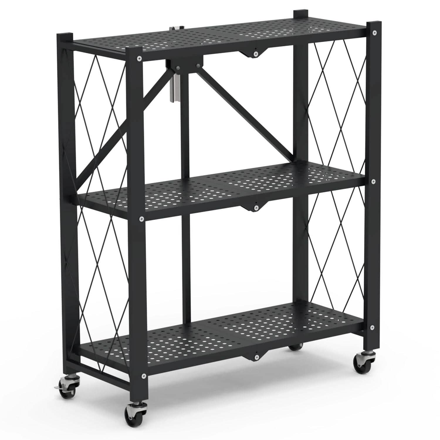 3-Tier Foldable Storage Shelf with Lockable Wheels No Assembly