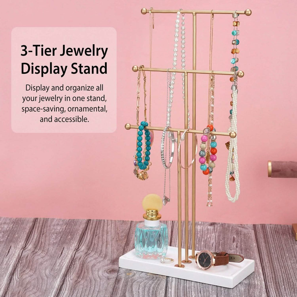 3-Tier Gold Metal Tabletop Jewelry Tree Stand