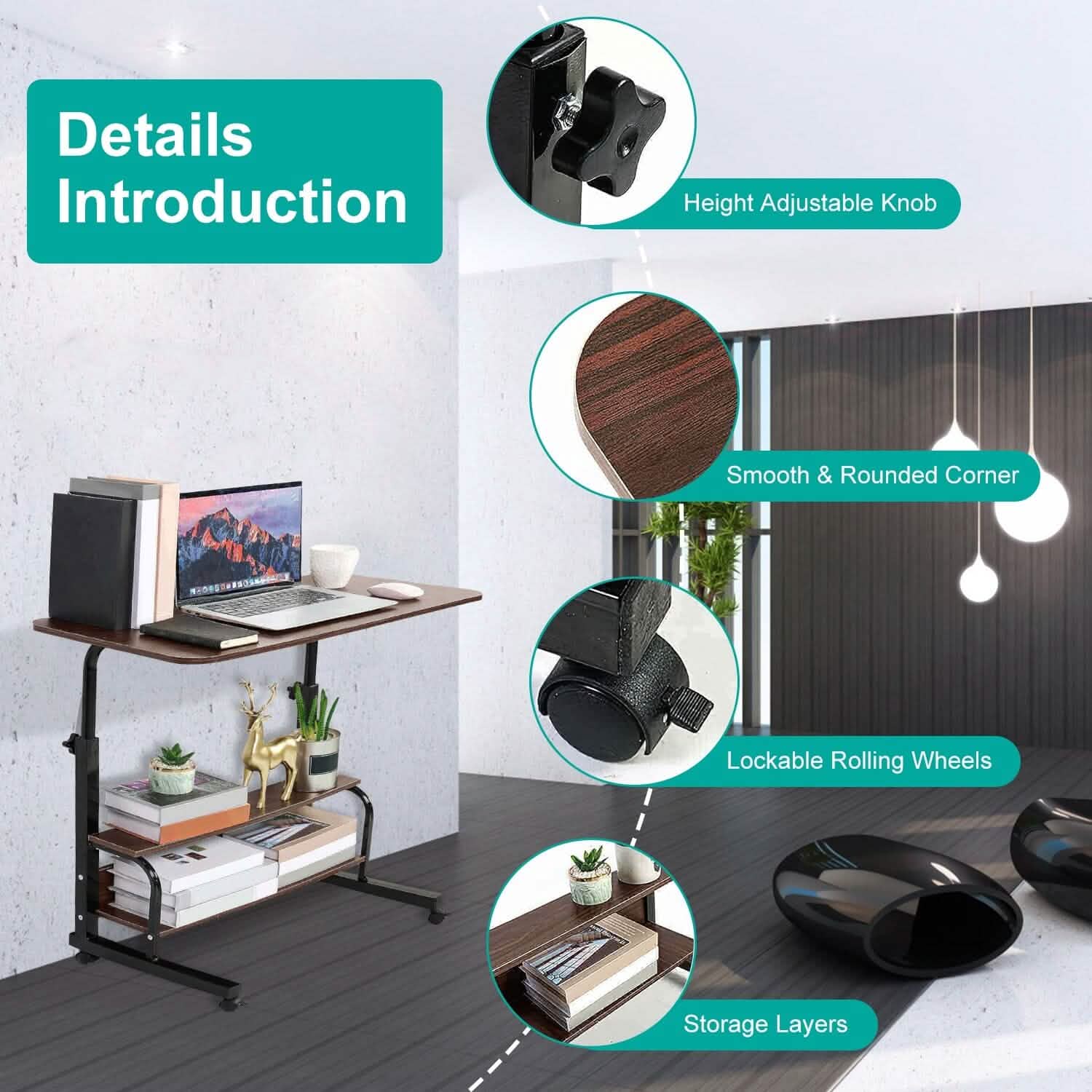 3-Tier Height Adjustable Laptop Desk with Rolling Wheels