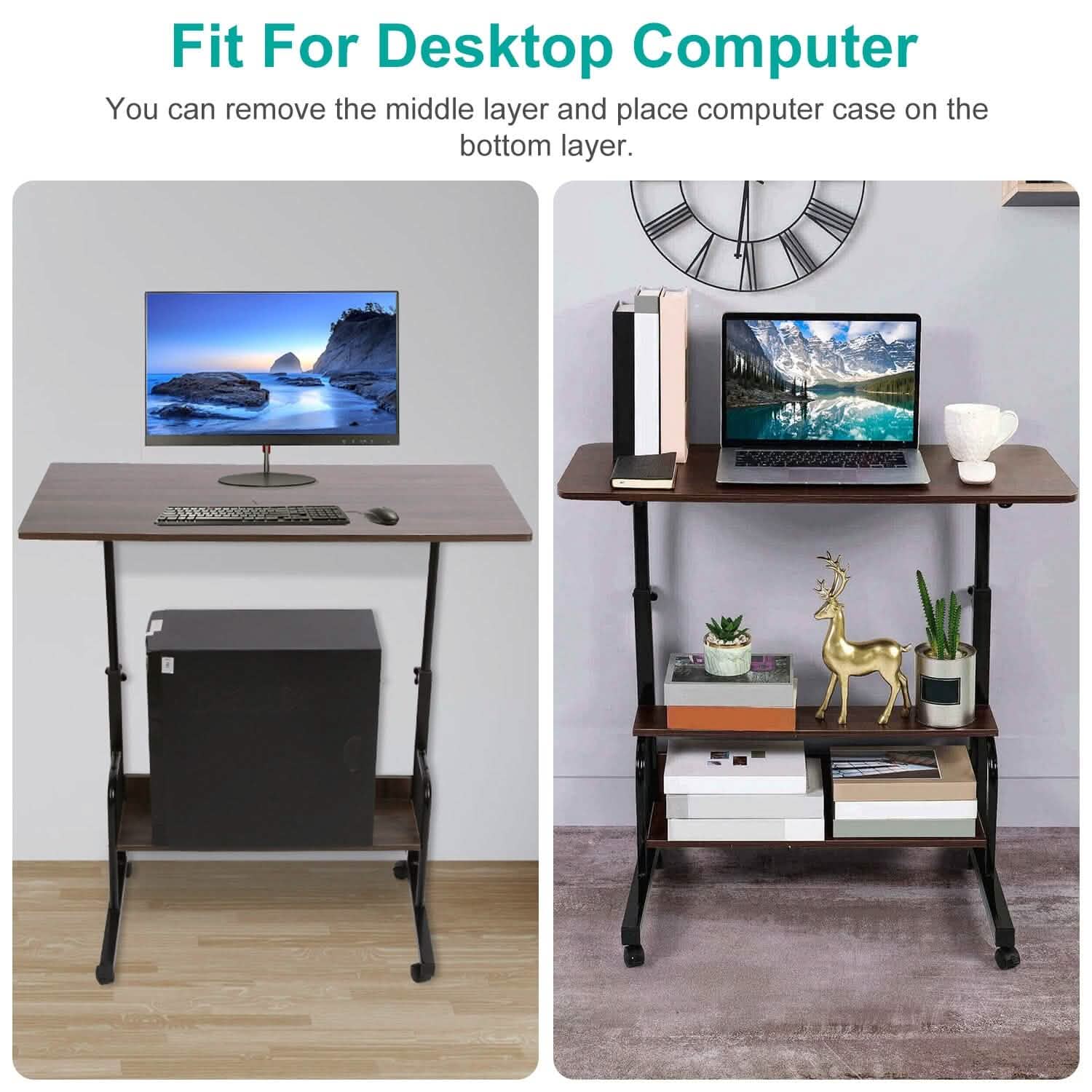 3-Tier Height Adjustable Laptop Desk with Rolling Wheels