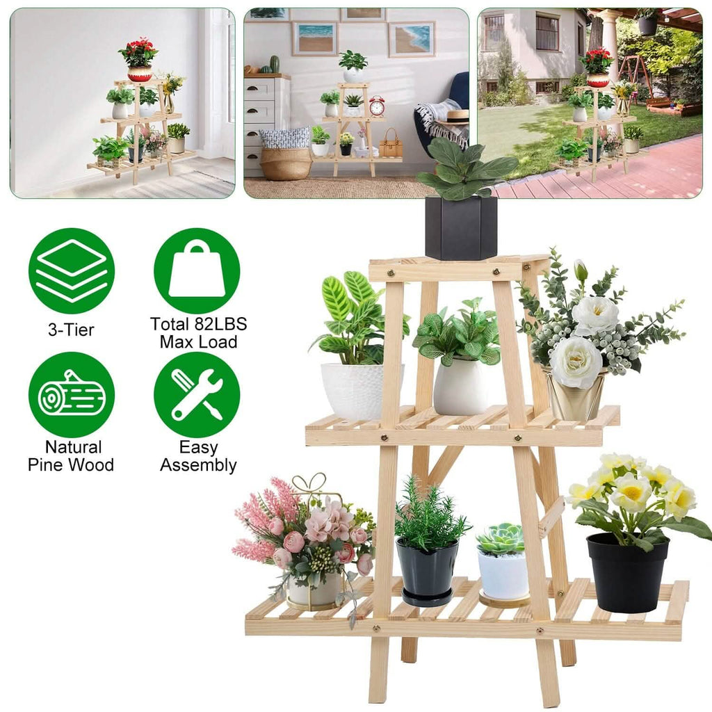 3-Tier Potted Flower Shelf Multi-tier Flower Pot Rack Holder Triangle Ladder