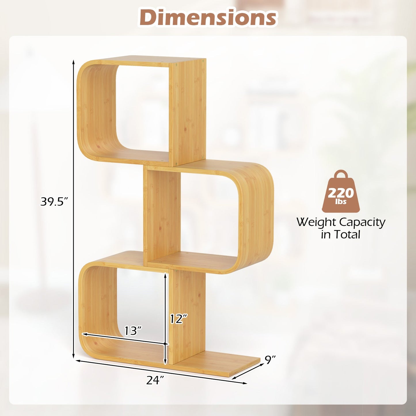 3-Tier S-Shaped Bookcase with 3 Open Cubes for Living Room-Natural