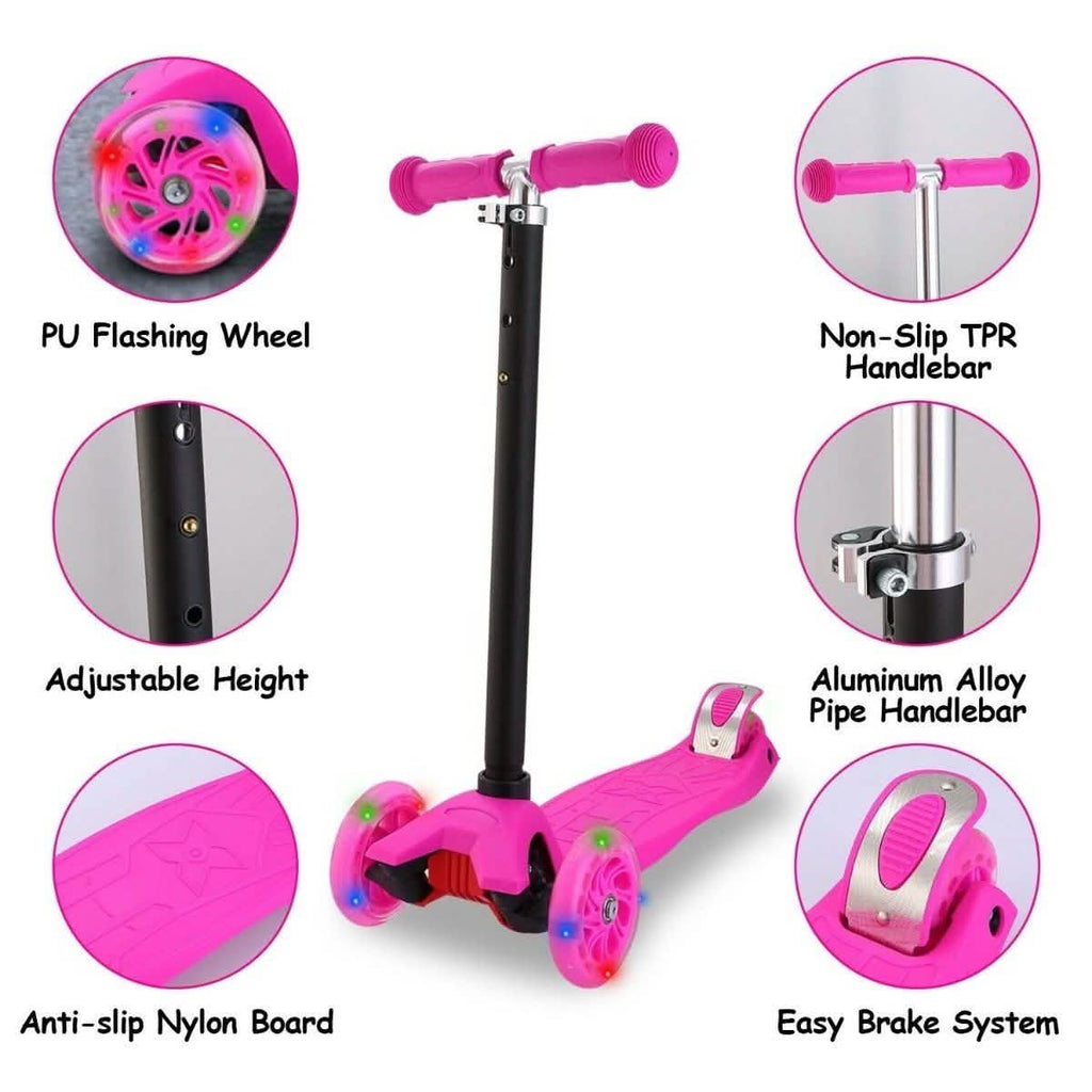 3-Wheeled LEDs Kick Scooter for Kids Flashing Scooter Adjustable Height