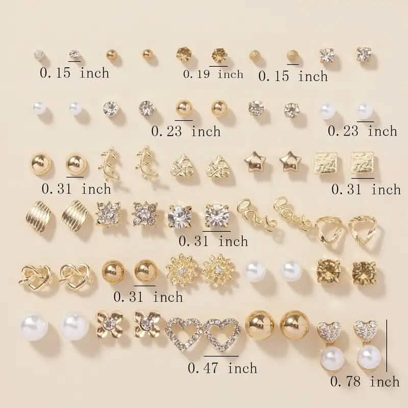 30ペア：合金製フルラインストーン ラブラウンド フェイクパール レター スタッドイヤリングセット