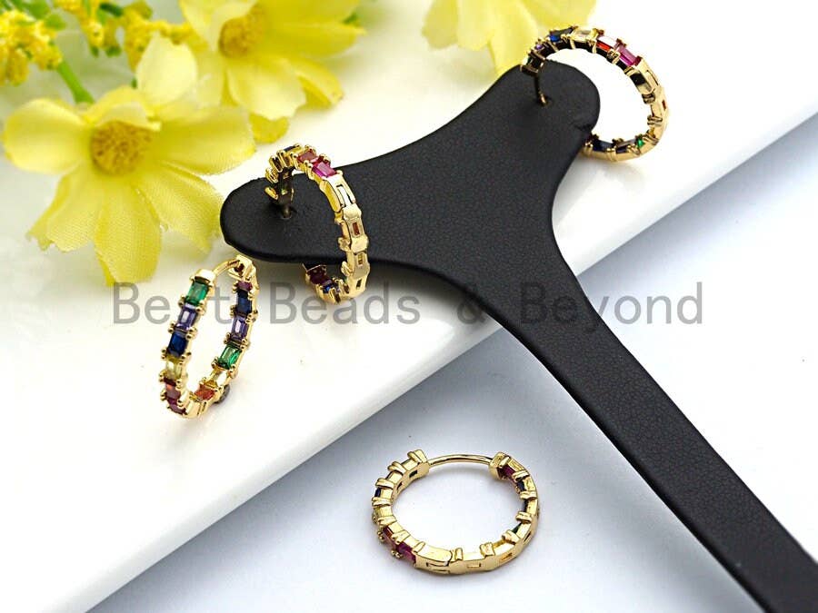 Rainbow cz Micro Pave Huggie Hoop Earrings, Micro Pave CZ Hoops, Hoop Earrings, Dainty Earrings, 3x20x21mm,sku#J109
