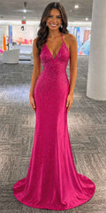 CLEARANCE - Amelia Couture 3018 Long Mermaid V-Neck Hot Pink Gown (Size 4)