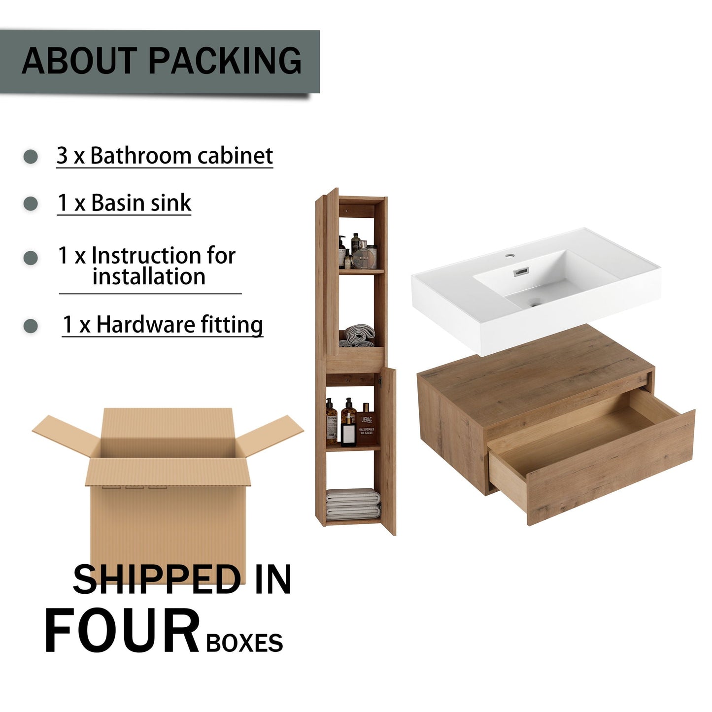 Modern Wall Mounted 30 Inch Bathroom Vanity With Resin Sink And 2 Side Cabinet - Imitative Oak