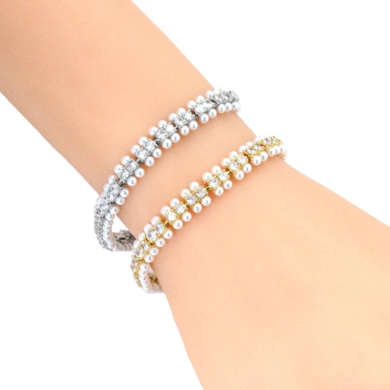 Gold Silver Clear CZ Double Line Pearl Bracelet, Sku#B356