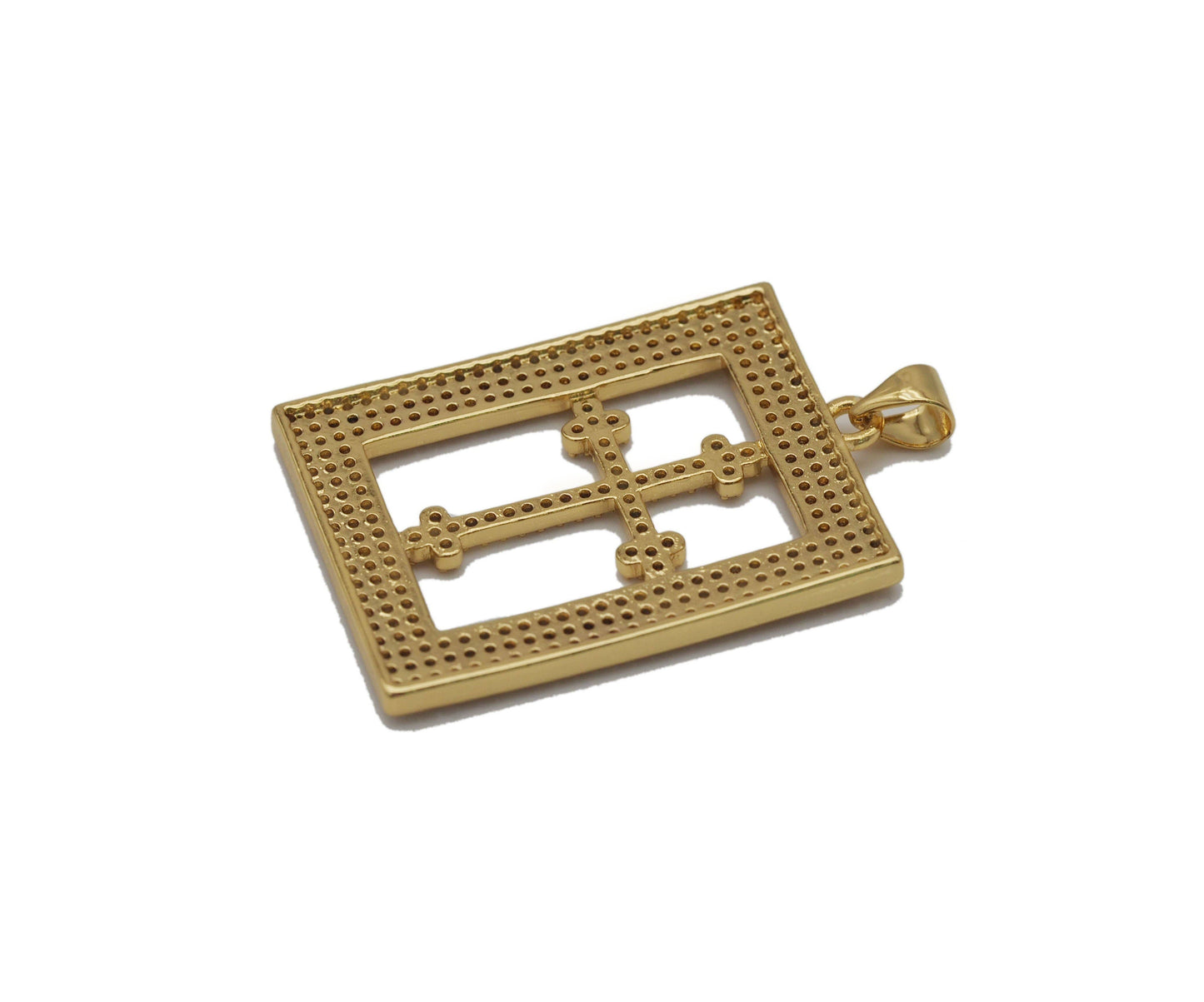 CZ Cross On Rectangle Frame Charm, Sku#LK616