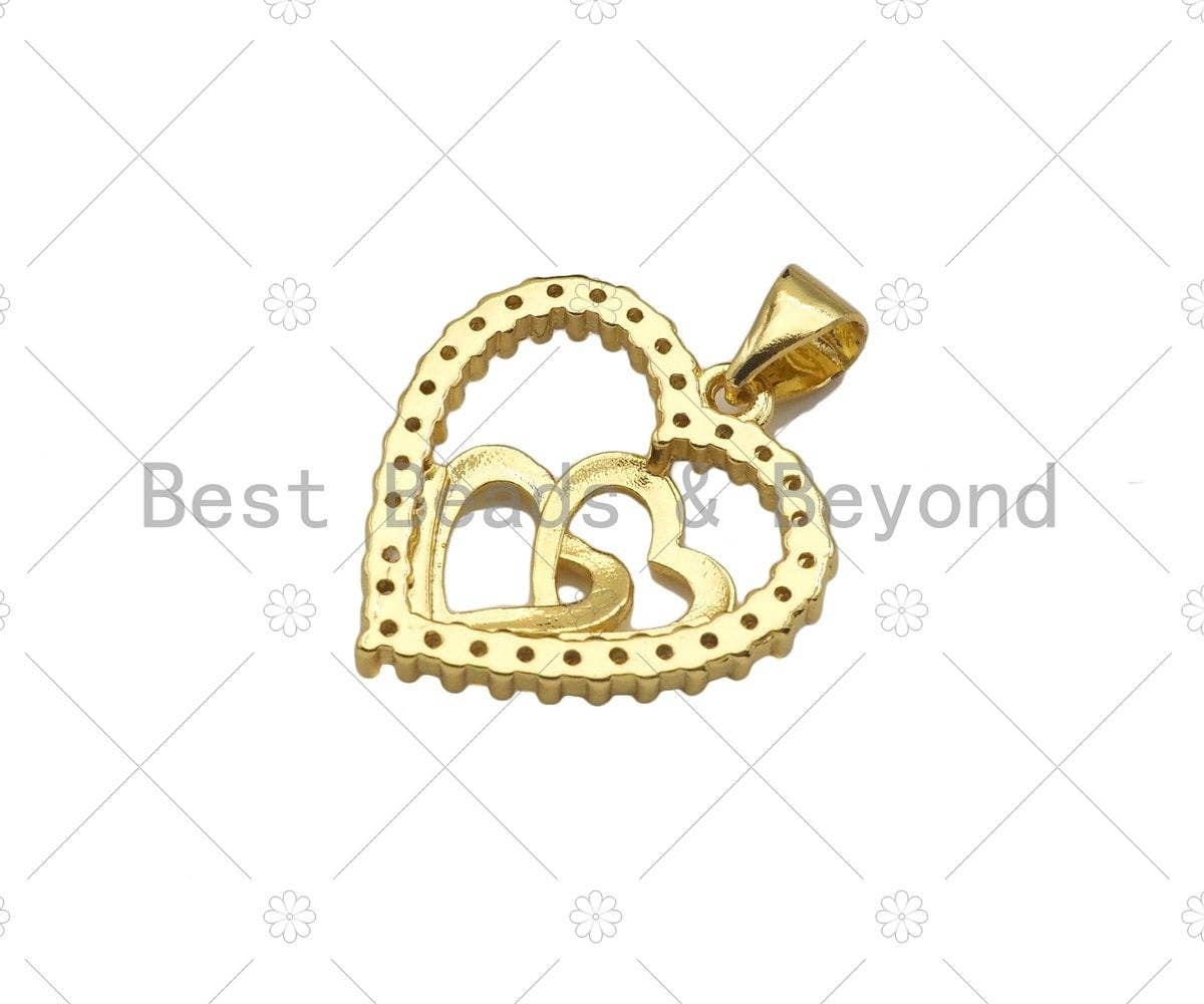 CZ Micro Pave Double Heart On Heart Shape Pendant,18K Dainty Gold Charm, Necklace Bracelet Charm Pendant,18x19mm,Sku#JL37
