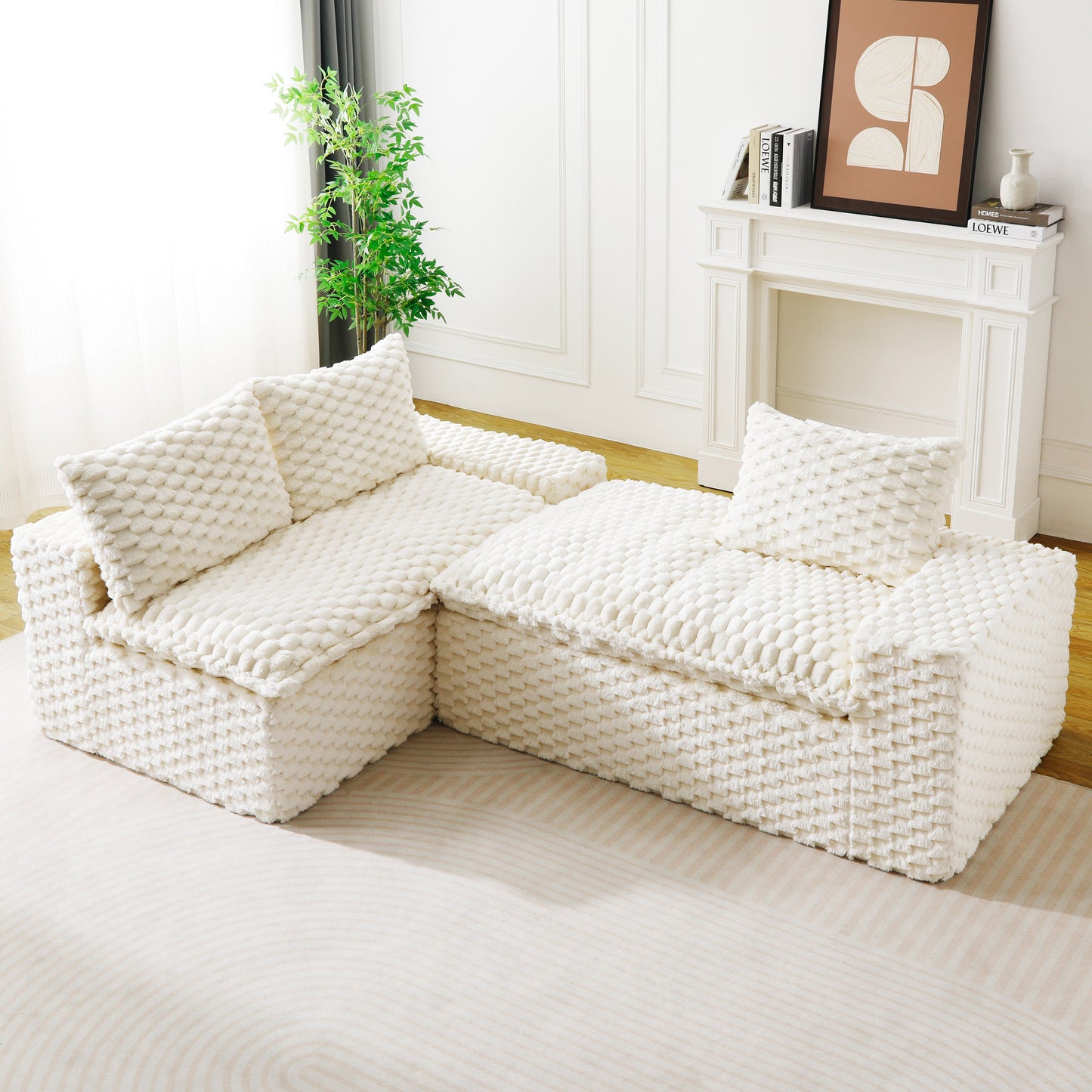White Turtle Velvet Versatile Sofa: Convertible Twin-Seat with Left Chaise Lounge