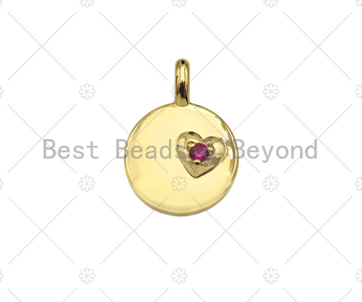Fuchsia CZ Micro Pave Heart On Round Coin Shape Charm,18K Dianty Gold Medallion  Charm, Necklace Bracelet Charm Pendant,13x18mm, Sku#LK257