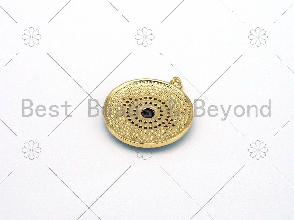 Large CZ Micropave Evil Eye On Colorful Enamel Round Coin Shape Pendant, 18k Gold Filled Protection Eye Enamel Charm,30mm,Sku#LK420